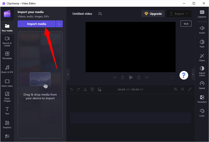 Импорт медиафайла в Clipchamp