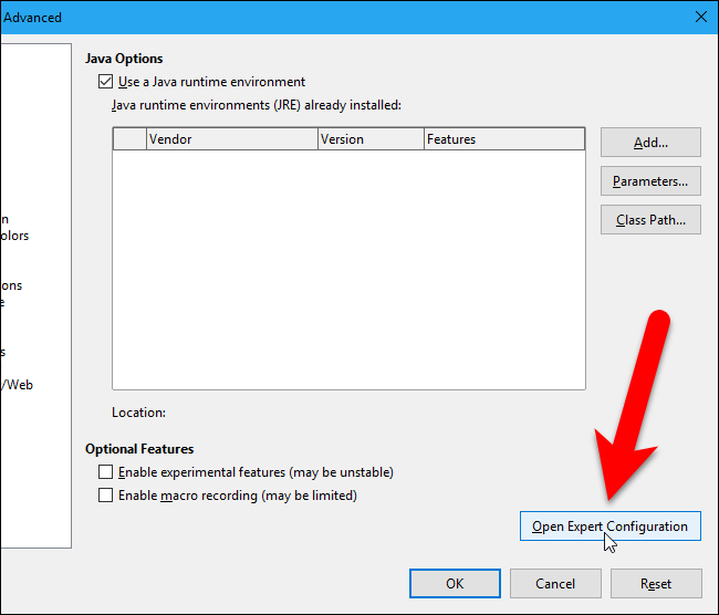 Кнопка Открыть Expert Configuration