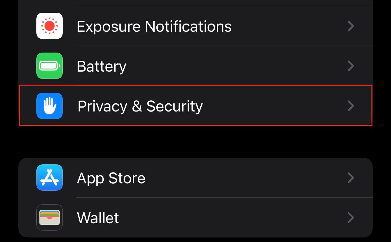 Опция Конфиденциальность и безопасность в Настройках iOS.
