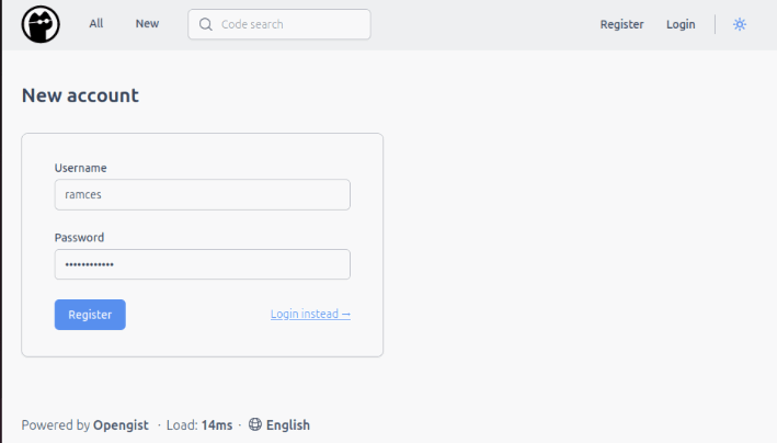 Скриншот процесса регистрации первой учётной записи Opengist.