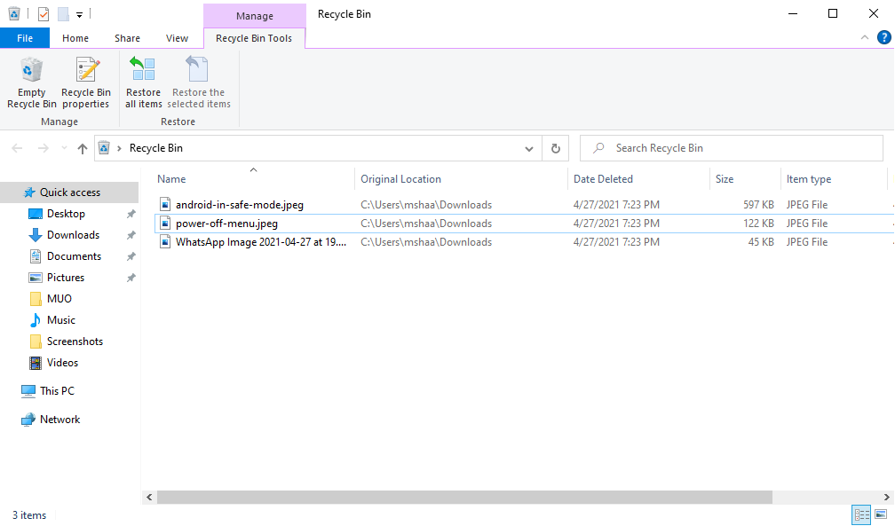 просмотр содержимого Корзины для поиска удалённых файлов