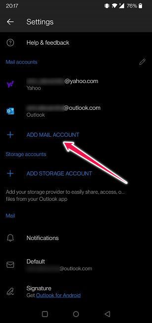 Добавление новой почты в мобильном Outlook