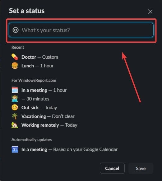 Поле ввода пользовательского статуса в Slack