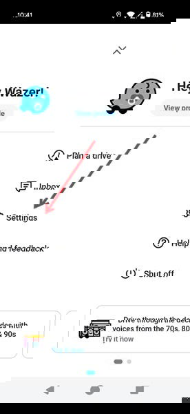 Tapping on Settings option in the Waze app. 