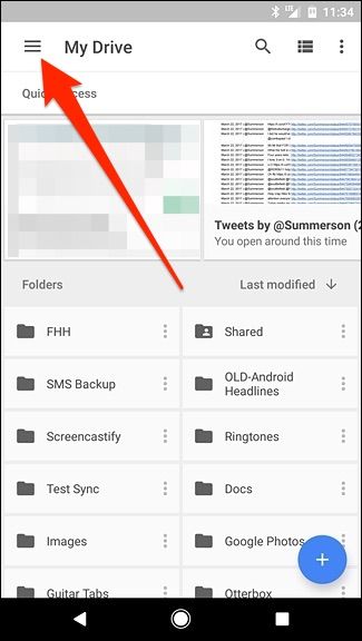 Меню приложения Google Drive на Android в левом верхнем углу