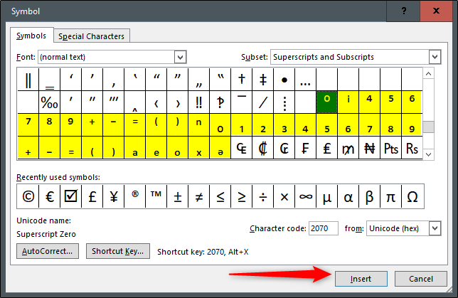 Выбор и вставка символа верхнего/нижнего индекса