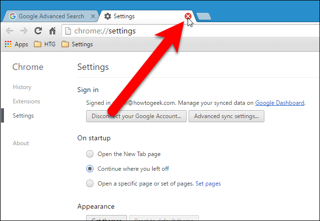 Скриншот закрытия вкладки настроек Chrome