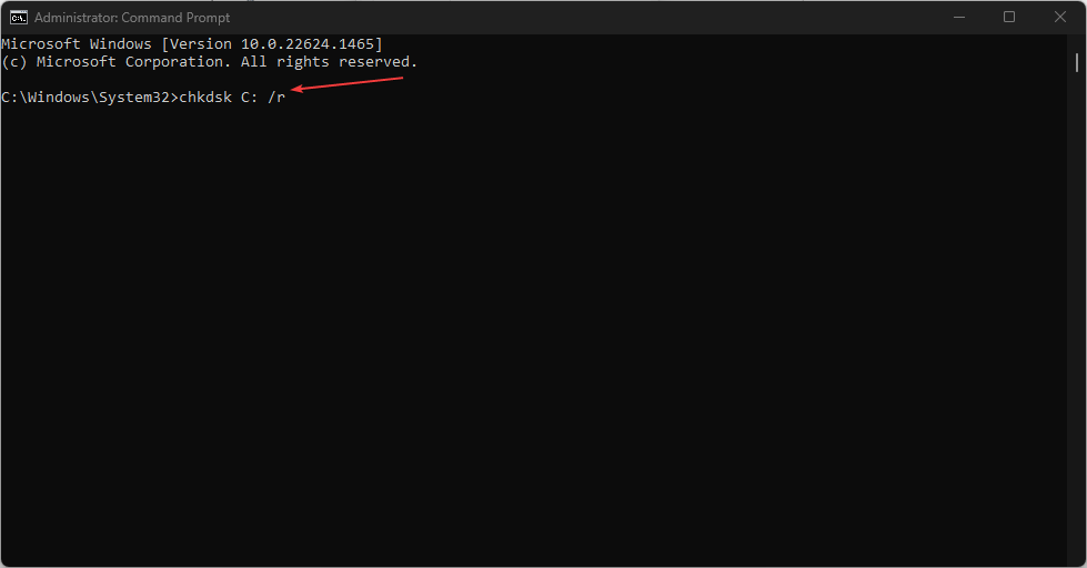 Запуск команды chkdsk C: /r в командной строке