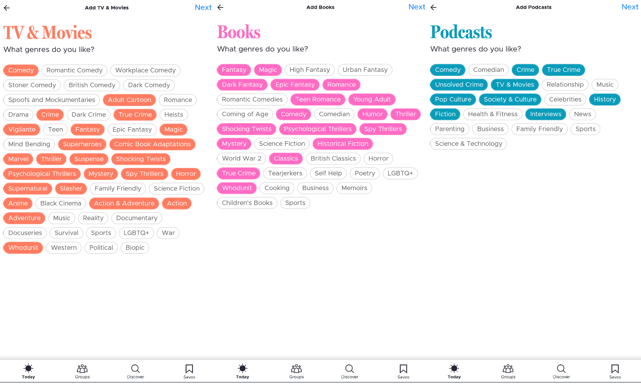 Выбор жанров в Likewise