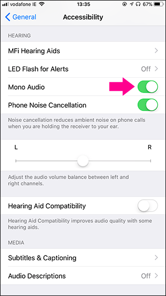 Переключатель «Моно-аудио» в настройках универсального доступа