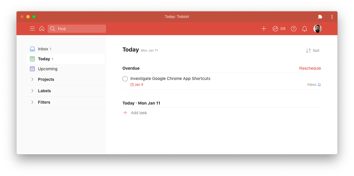 A screenshot showing the Web App Todoist running as a Chrome App Shortcut