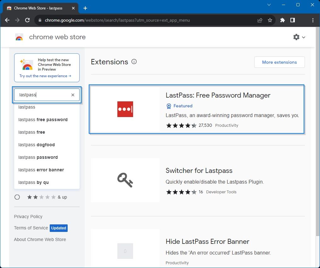 Интернет-магазин Chrome: поиск расширения LastPass в строке поиска