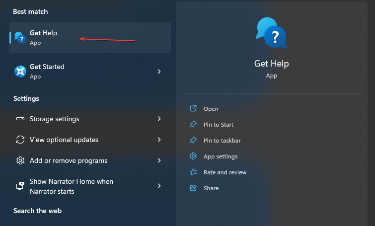 Поиск приложения Справка и поддержка в меню Пуск