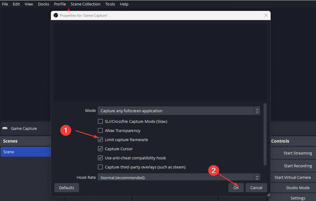 Параметр Ограничить частоту захвата