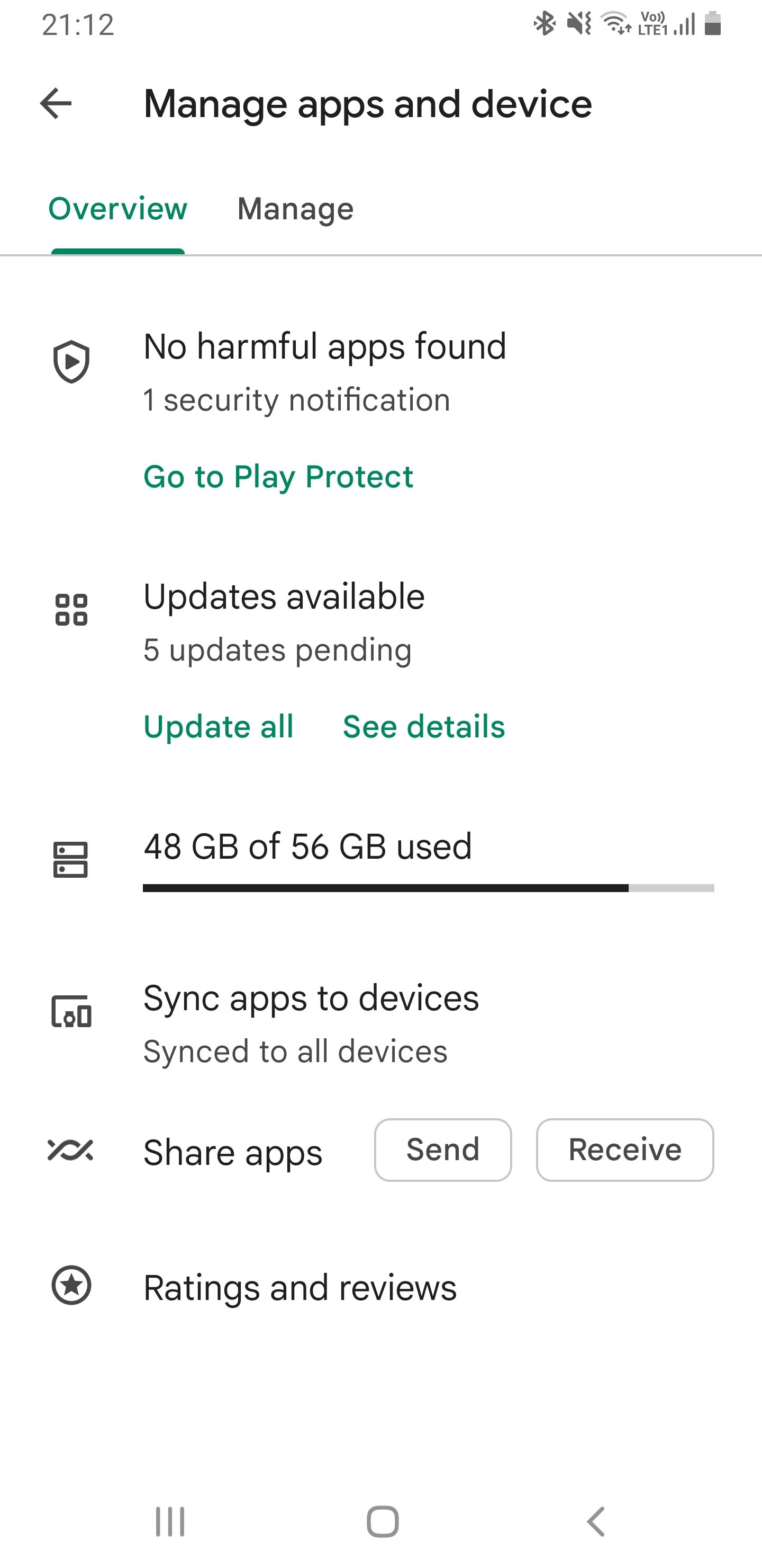 Меню Google Play Store с параметрами профиля