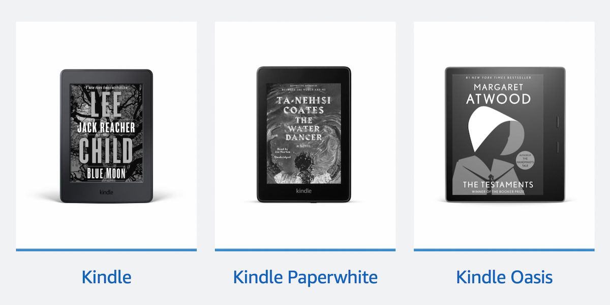 Подборка устройств Kindle: стандартный Kindle, Paperwhite и Oasis