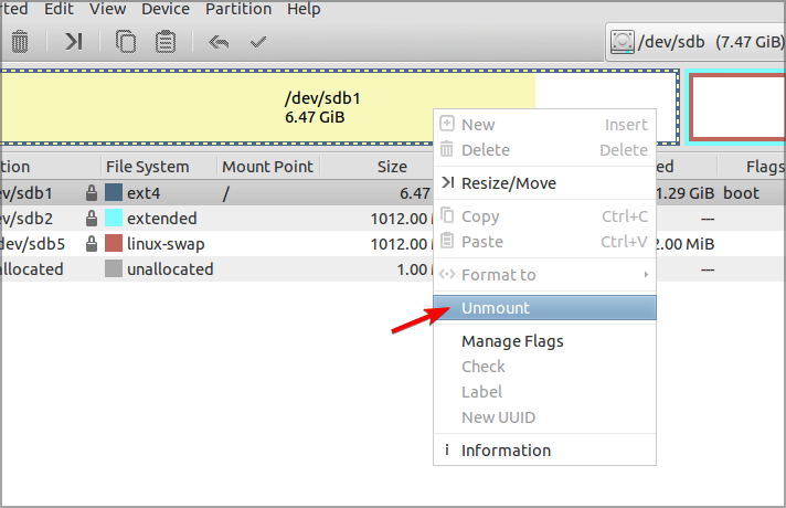 Отмонтирование раздела в GParted