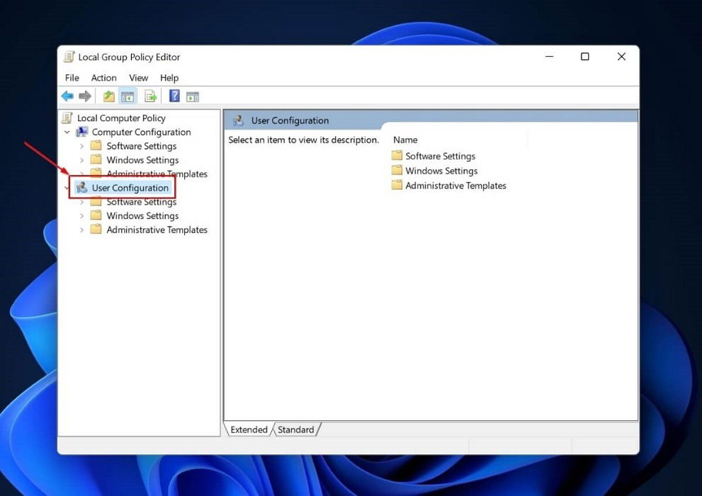 Выбор Конфигурации пользователя в Group Policy Editor