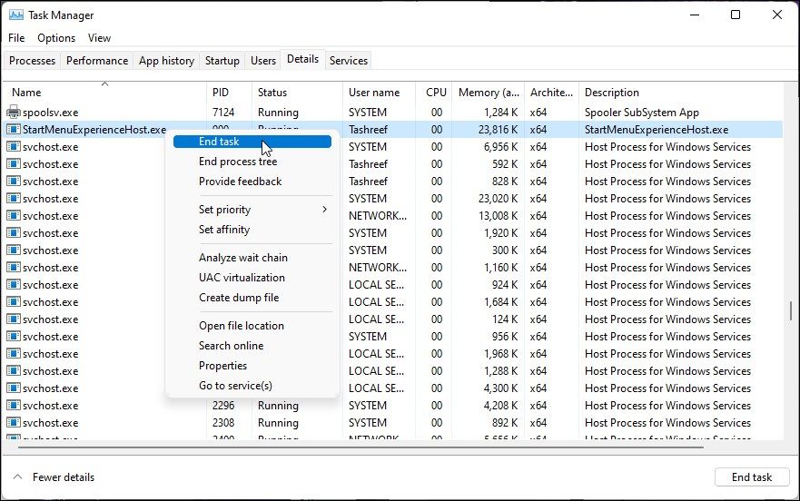 Завершение процесса StartMenuExperienceHost в Details Диспетчера задач