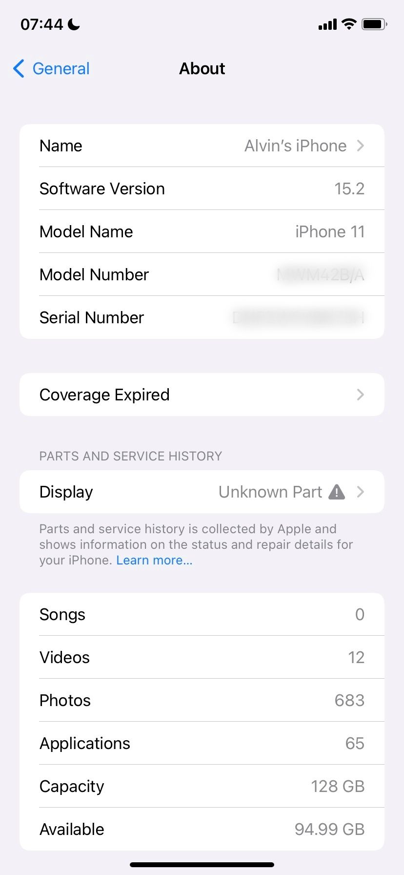 Страница «Об этом» в iOS 15 с информацией о запчастях