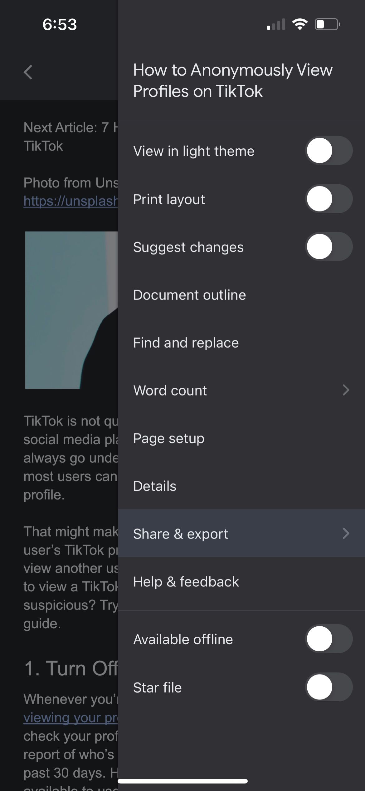 Меню Google Docs на iPhone с опцией Создать копию