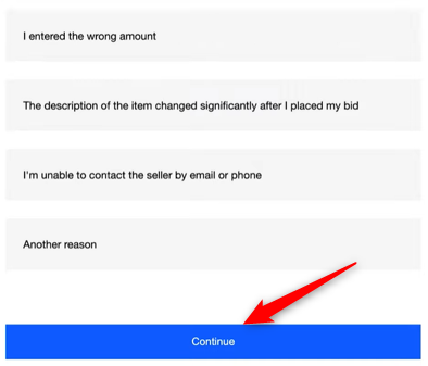 Кнопка «Continue» при отзыве ставки.