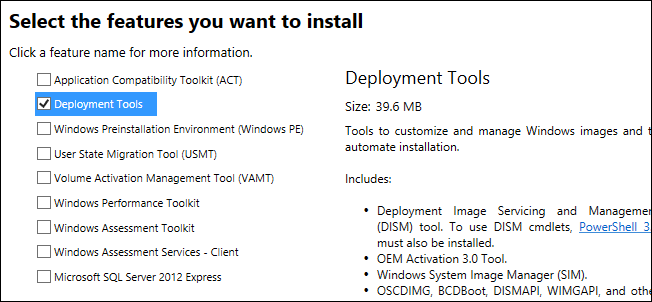Выбор компонентов ADK при установке