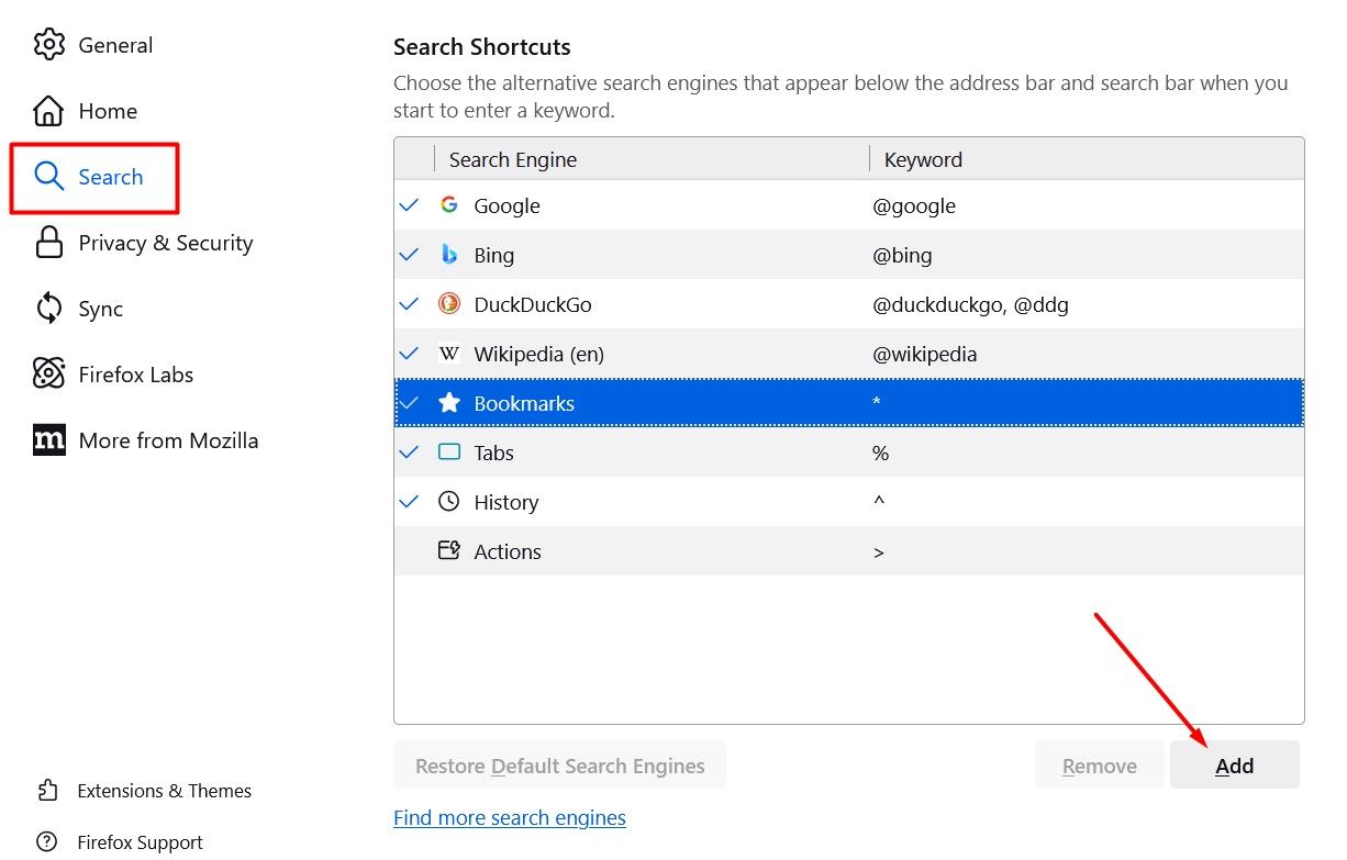 Кнопка «Добавить» в настройках поиска Firefox.
