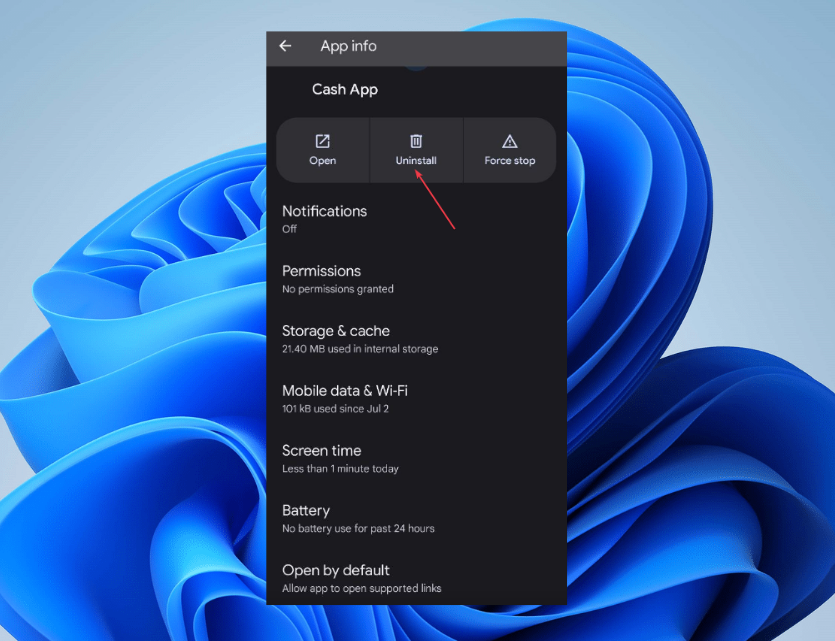 Кнопка подтверждения удаления приложения