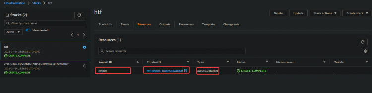 Вкладка 'Resources' — физический ресурс S3 с ID htf-catpics-...
