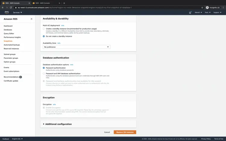 Создание нового экземпляра из снимка