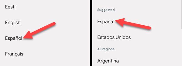 Выбор языка и региона для приложения на Pixel.