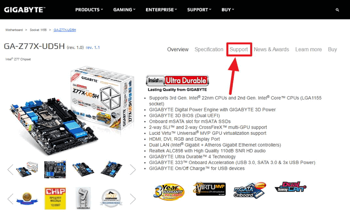 Ссылка Support/Downloads на странице модели Gigabyte