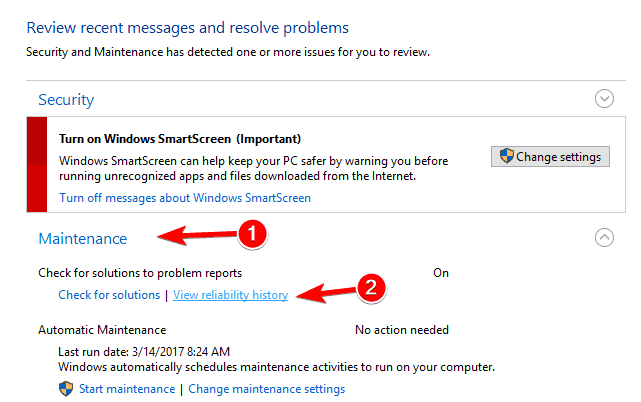 Ссылка 'Просмотреть журнал надёжности' в Панели управления