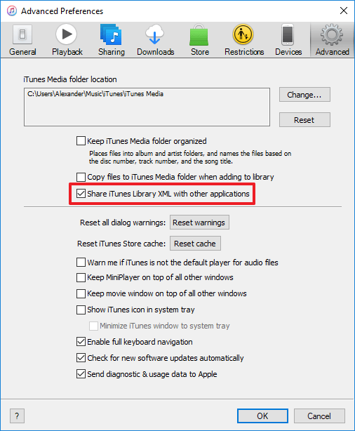 Настройка iTunes: включение XML-экспорта в разделе Дополнительно