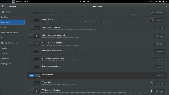 Окно GNOME Tweak Tool с вкладками