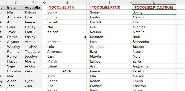TOCOL с аргументами для игнорирования пустых и поиска по столбцам.