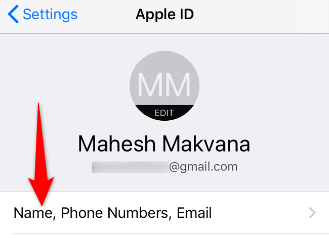 Выберите «Имя, номера телефонов, эл. почта» в настройках Apple ID