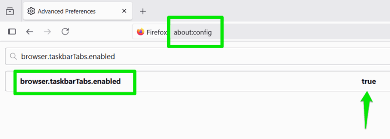 about:configでtaskbarTabsを有効にする画面