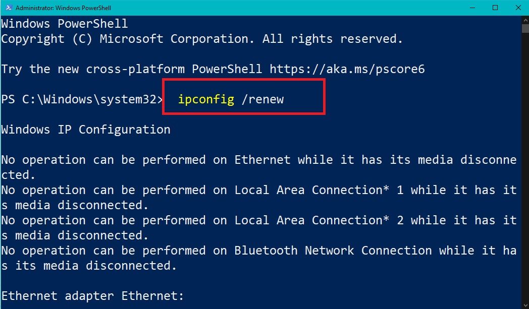 Ввод команды ipconfig renew в командной строке