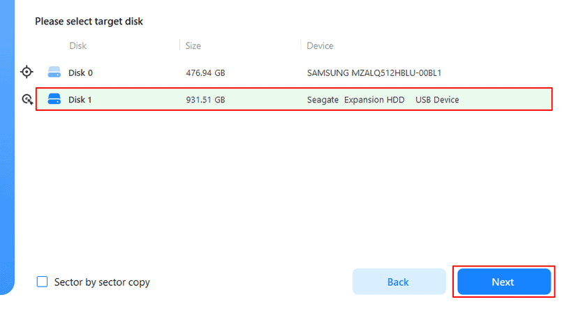 Выбор целевого диска в EaseUS Disk Copy