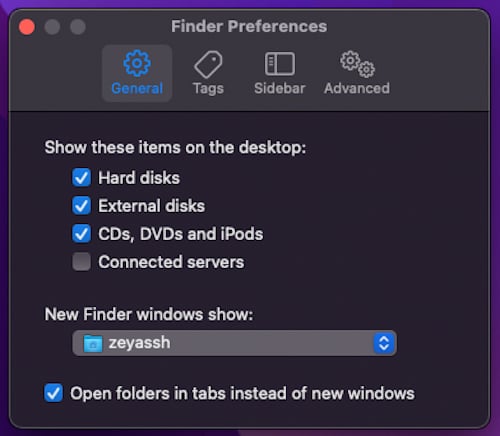 Окно настроек Finder, вкладка Расширенные