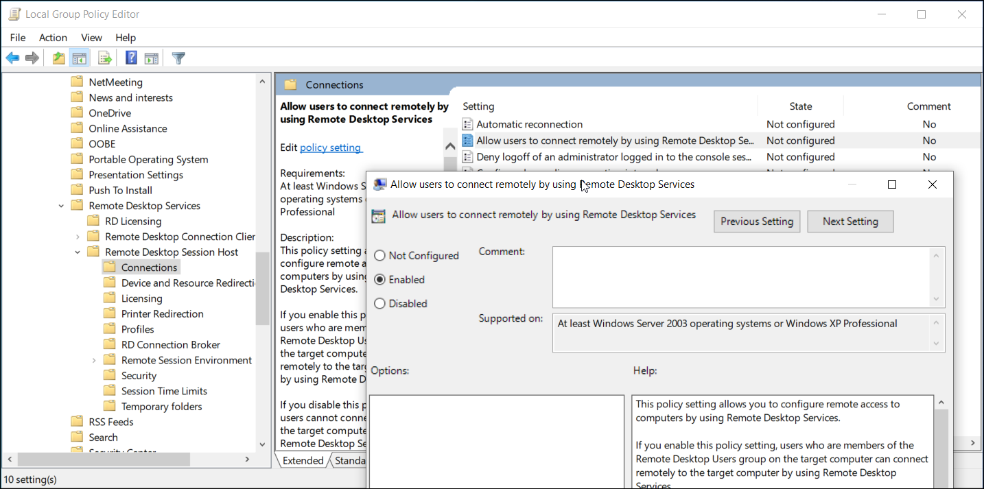 Политики групп: включение разрешений RDP
