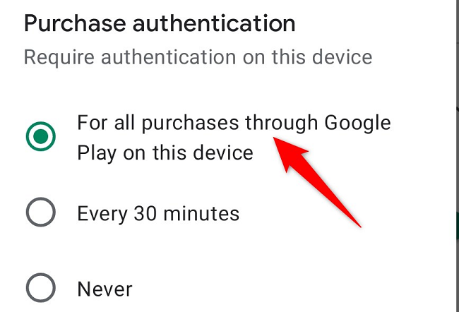 Включение параметра «Для всех покупок через Google Play на этом устройстве»