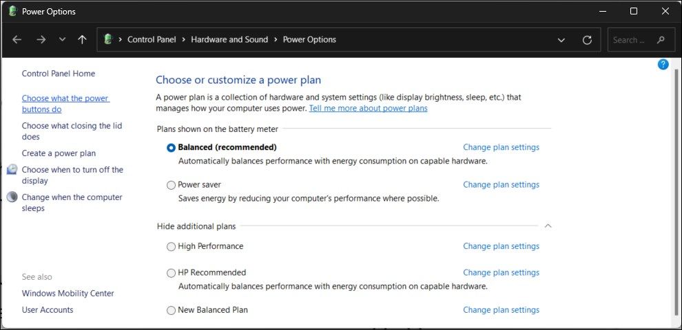параметры действия кнопок питания в Панели управления