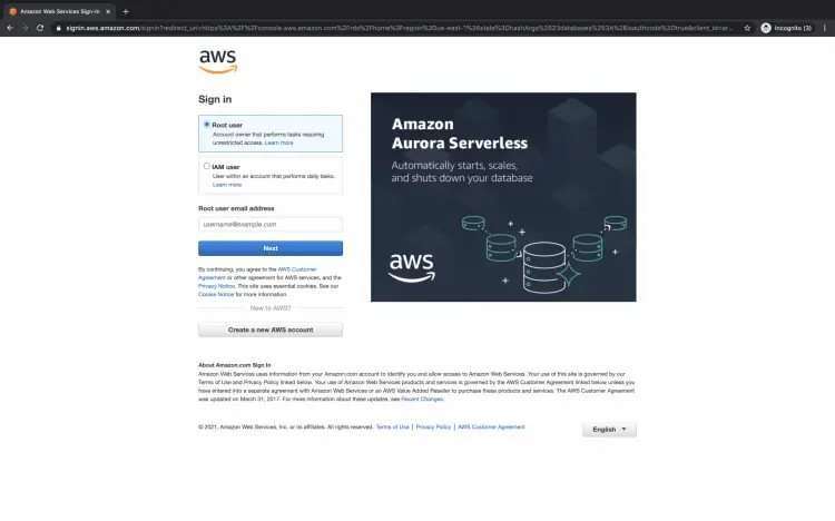 Страница входа в AWS с полями для логина