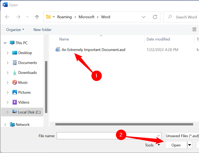 Выберите несохранённый документ — у него будет формат ASD.