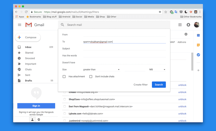 Демонстрация фильтрации в Gmail: настройка фильтра по полю «Кому» для автоматической отправки в корзину
