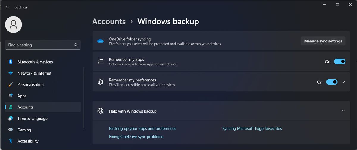 Экран параметров синхронизации в Windows 11