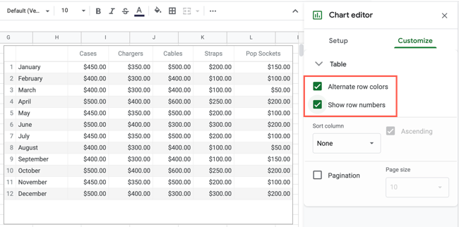 Чередование цветов строк и номера строк